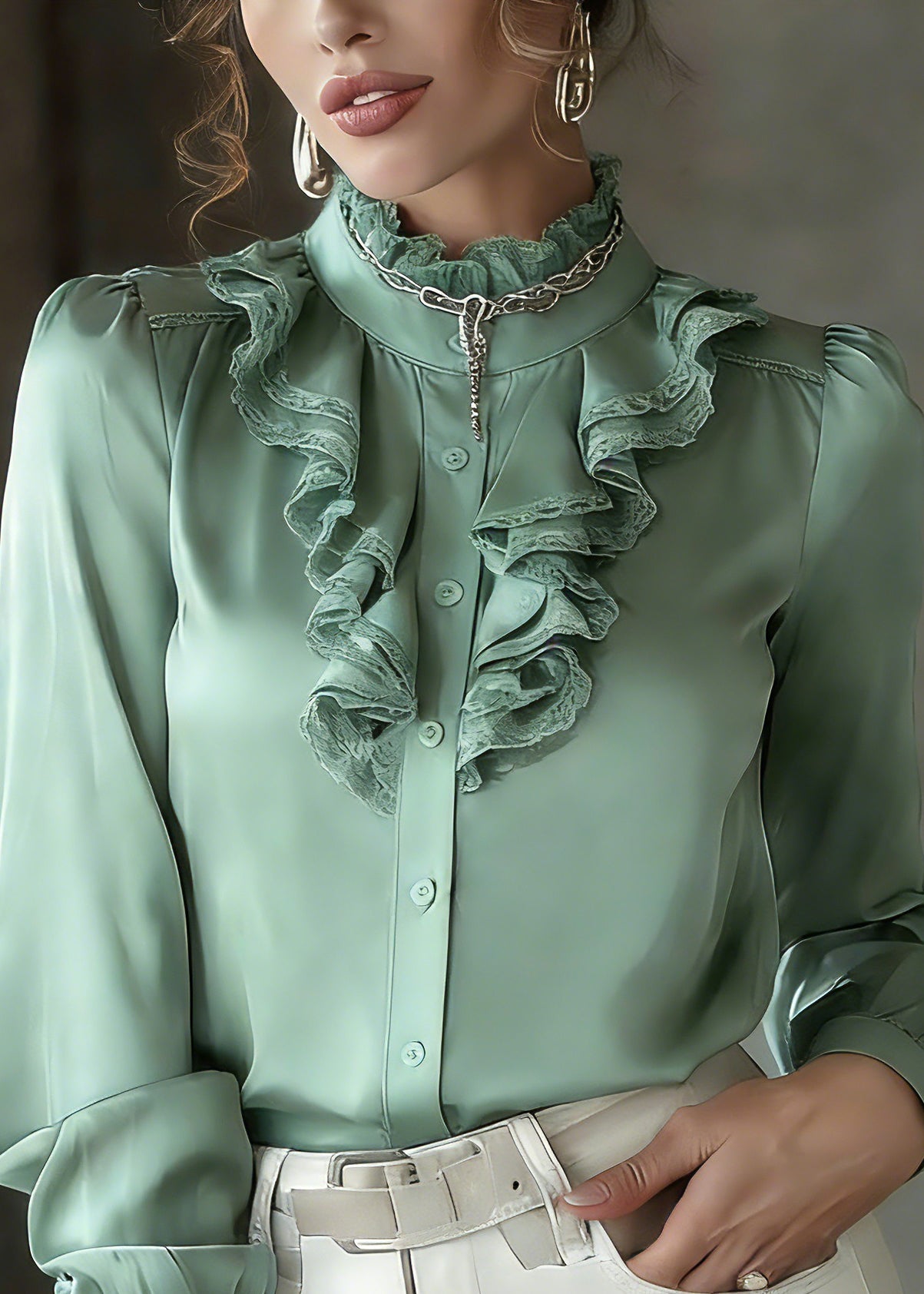 Fashion Green Ruffled Patchwork Silk Shirt Lantern Sleeve