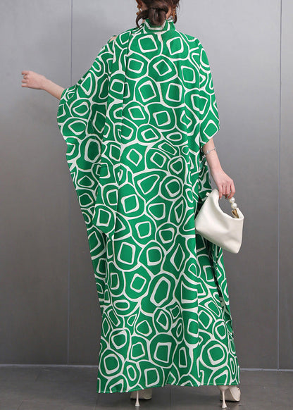 Fashion Green Turtleneck Print Side Open Party Maxi Dress Summer