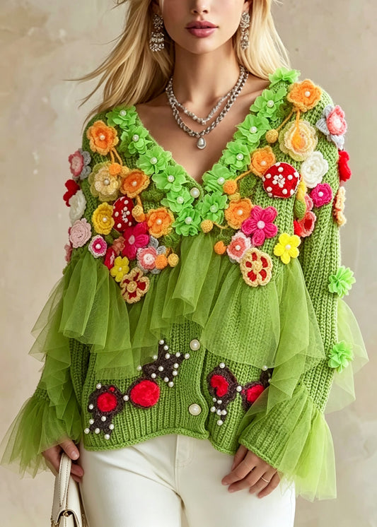 Fashion Green V Neck Floral Ruffled Patchwork Knit Coat Fall