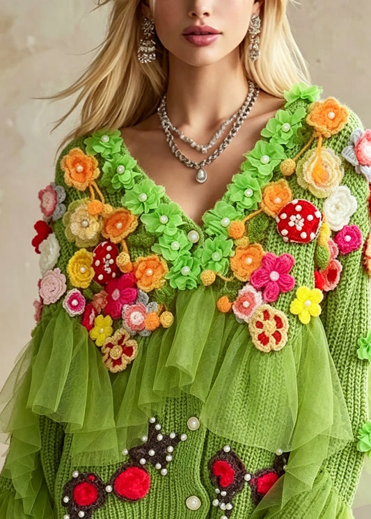 Fashion Green V Neck Floral Ruffled Patchwork Knit Coat Fall