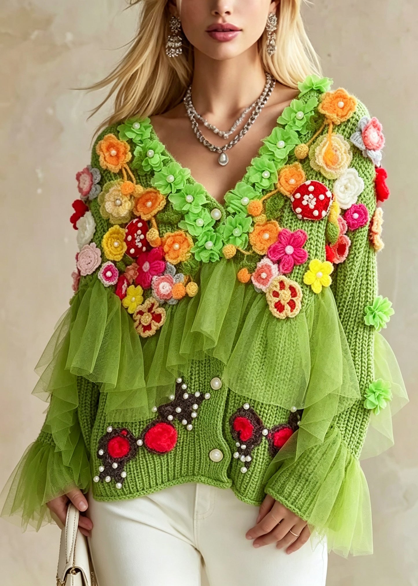 Fashion Green V Neck Floral Ruffled Patchwork Knit Coat Fall