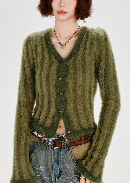 Fashion Green V Neck Striped Fuzzy Fur Fluffy Knit Cardigans Winter