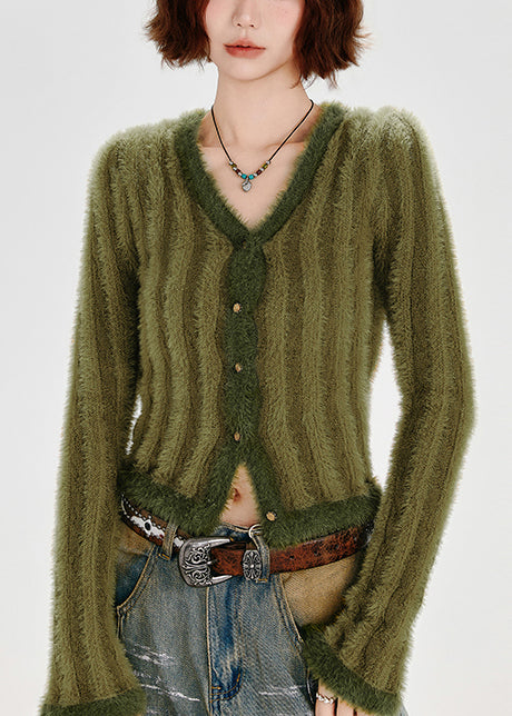 Fashion Green V Neck Striped Fuzzy Fur Fluffy Knit Cardigans Winter