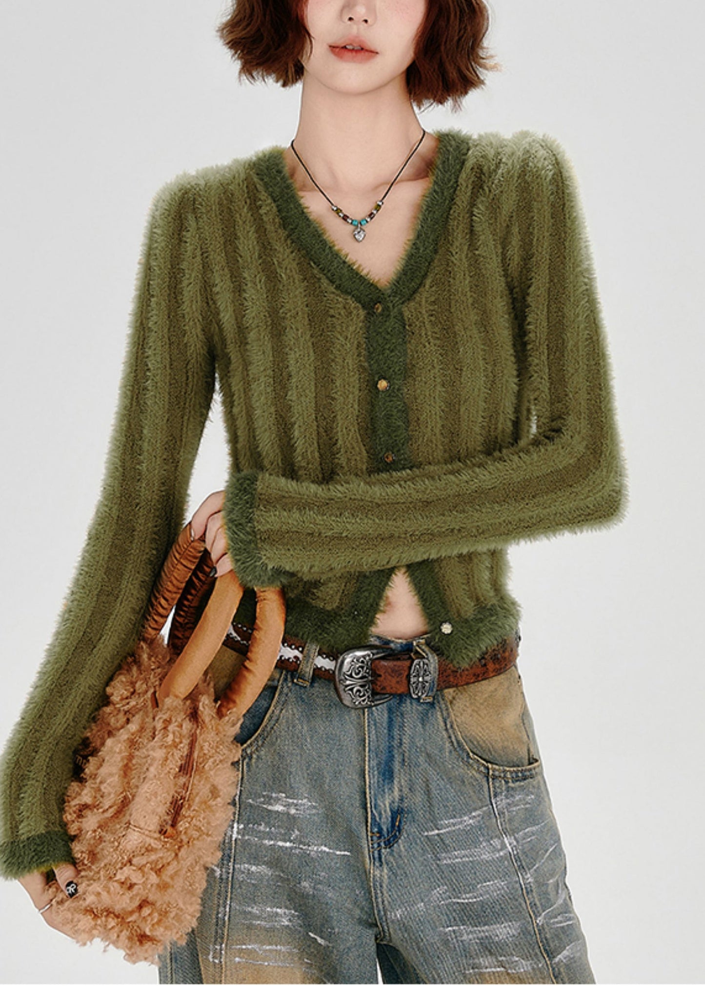 Fashion Green V Neck Striped Fuzzy Fur Fluffy Knit Cardigans Winter