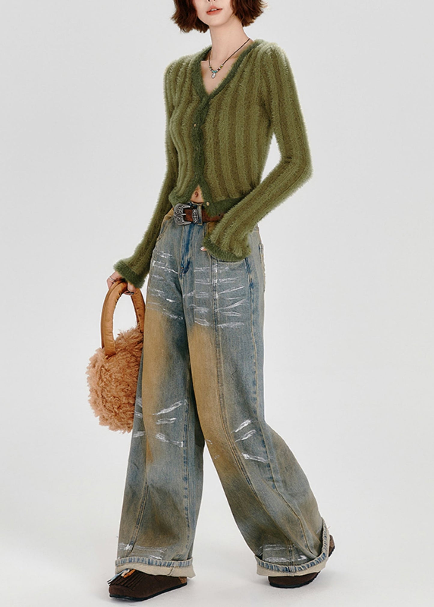 Fashion Green V Neck Striped Fuzzy Fur Fluffy Knit Cardigans Winter