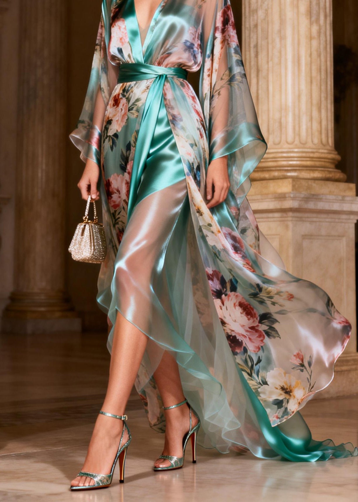 Fashion Green V Neck Tie Waist Silk Vacation Silk Long Dresses Flare Sleeve