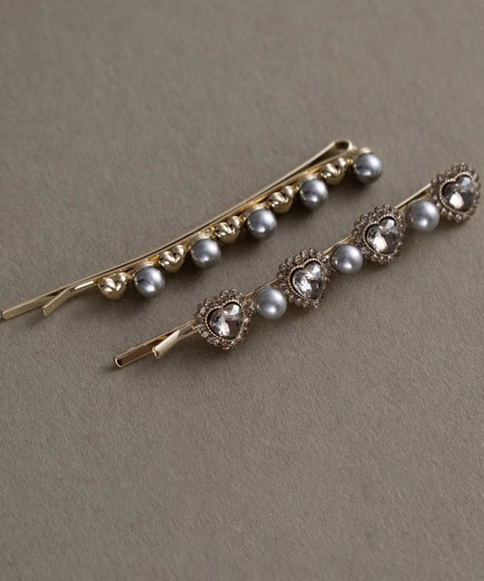 Fashion Grey Alloy Crystal Zircon Pearl A Pair Hairpin