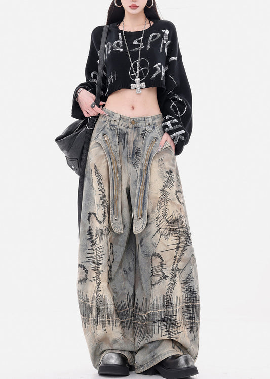 Fashion Grey Embroidered Denim Wide Leg Pants Spring