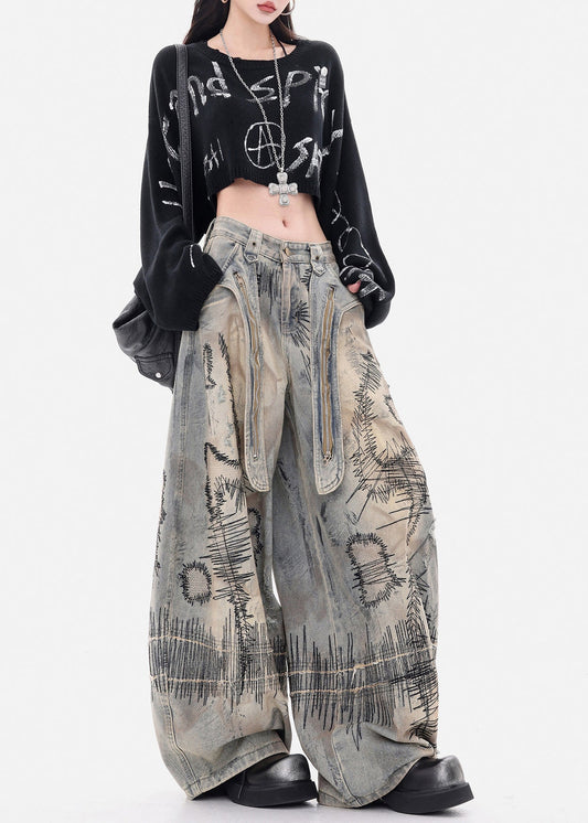 Fashion Grey Embroidered Denim Wide Leg Pants Spring