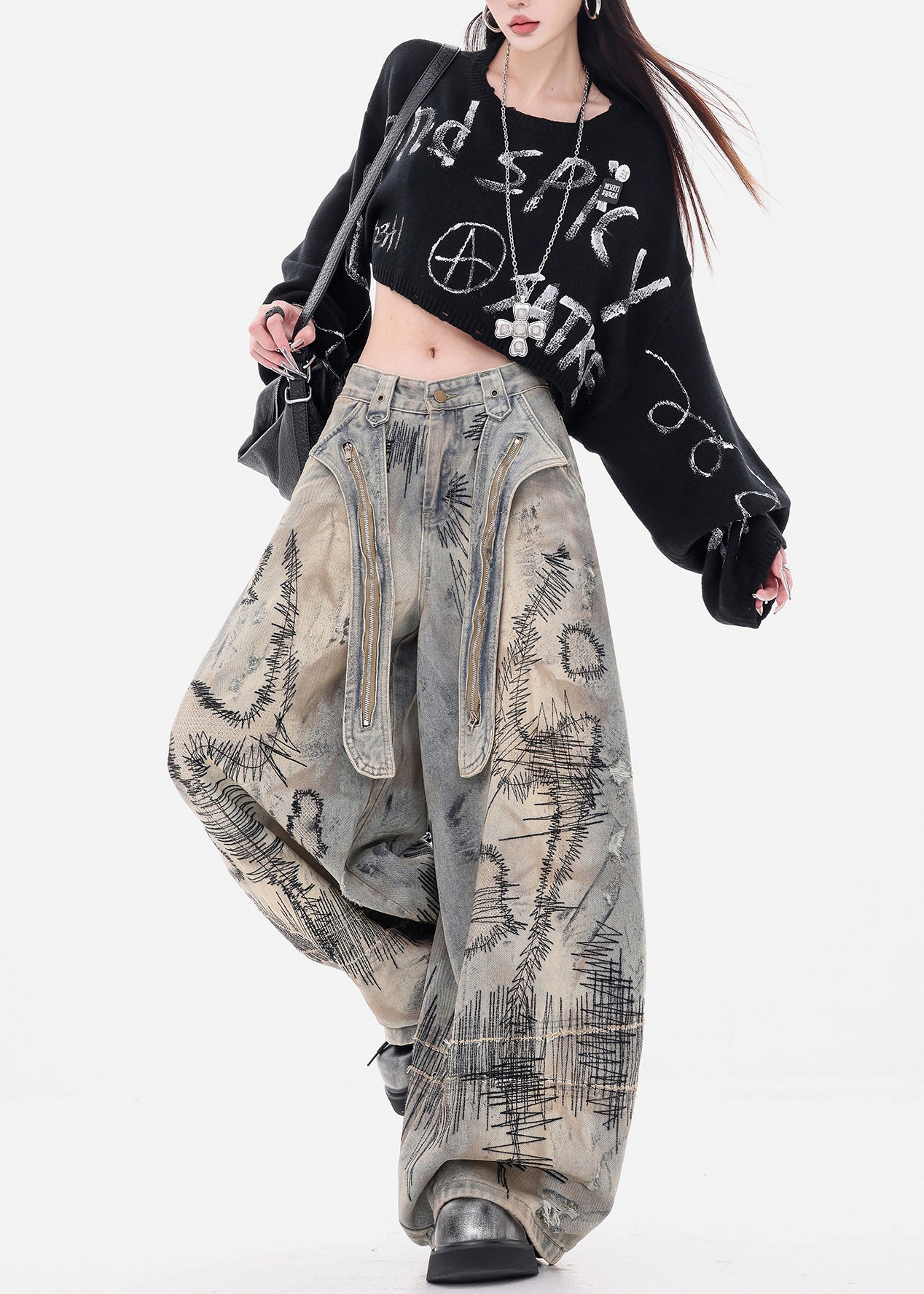 Fashion Grey Embroidered Denim Wide Leg Pants Spring