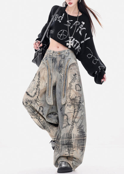 Fashion Grey Embroidered Denim Wide Leg Pants Spring