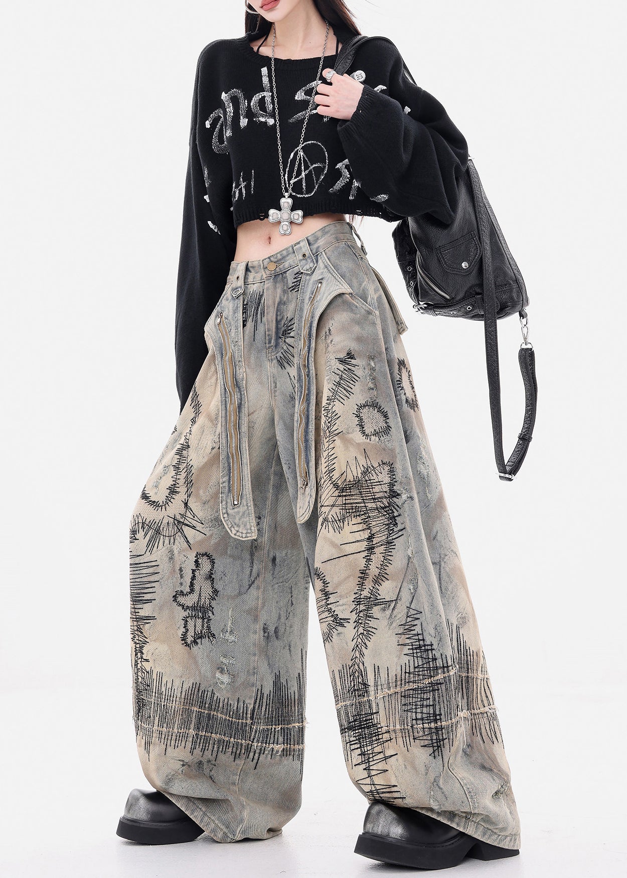 Fashion Grey Embroidered Denim Wide Leg Pants Spring