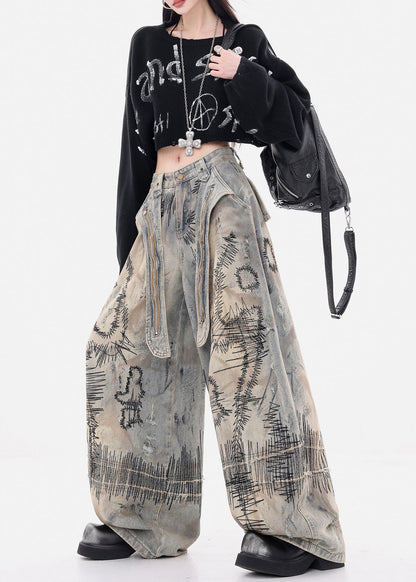 Fashion Grey Embroidered Denim Wide Leg Pants Spring