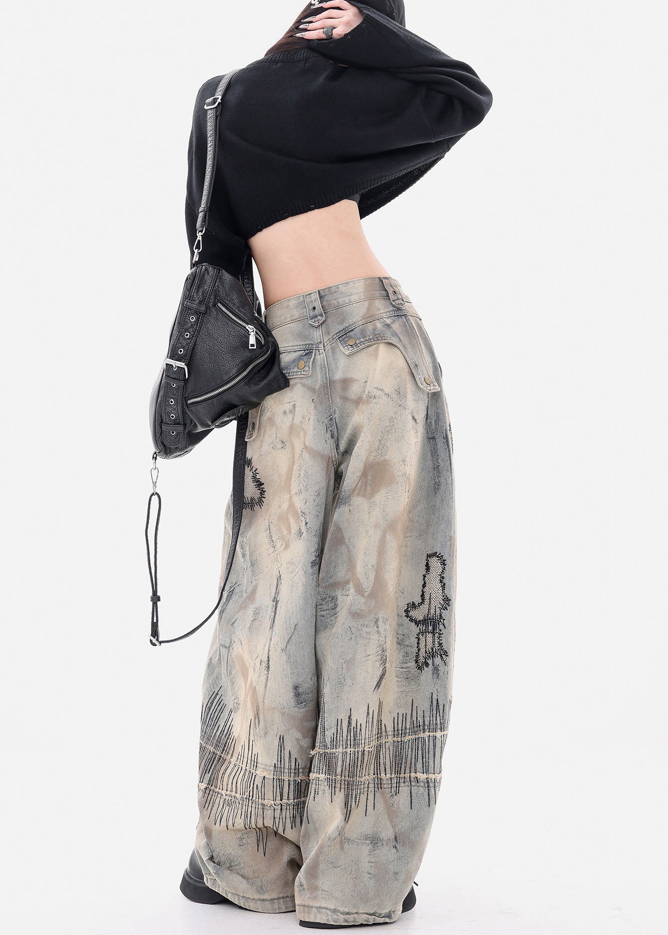 Fashion Grey Embroidered Denim Wide Leg Pants Spring