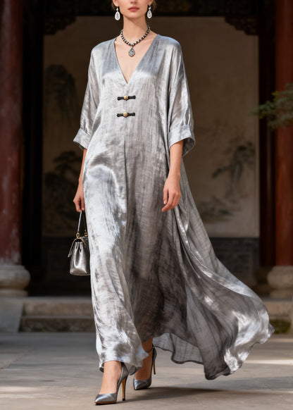 Fashion Grey Exra Large Hem Chinese Button Silk Maxi Dresses Summer
