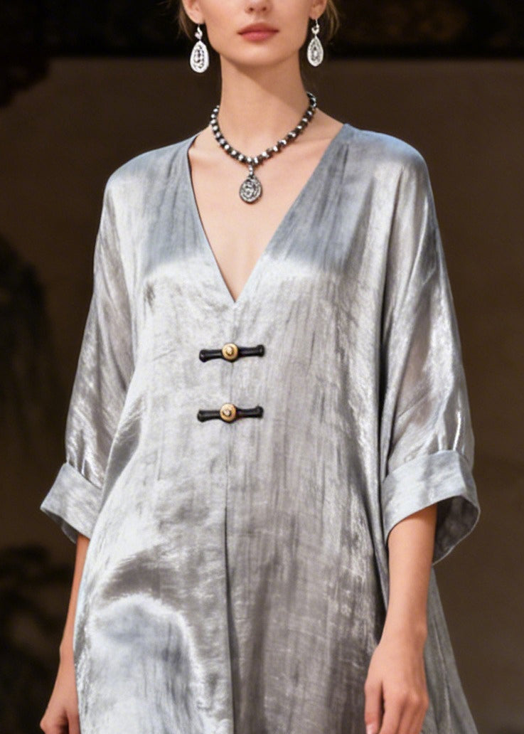 Fashion Grey Exra Large Hem Chinese Button Silk Maxi Dresses Summer