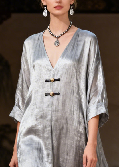 Fashion Grey Exra Large Hem Chinese Button Silk Maxi Dresses Summer