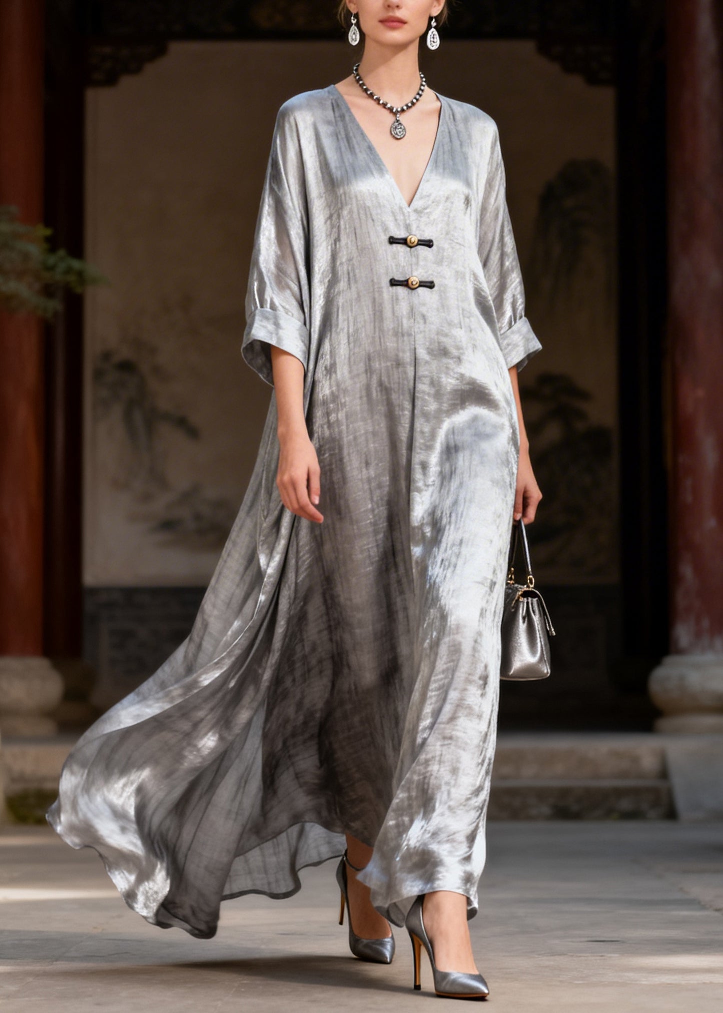 Fashion Grey Exra Large Hem Chinese Button Silk Maxi Dresses Summer