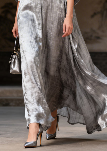 Fashion Grey Exra Large Hem Chinese Button Silk Maxi Dresses Summer