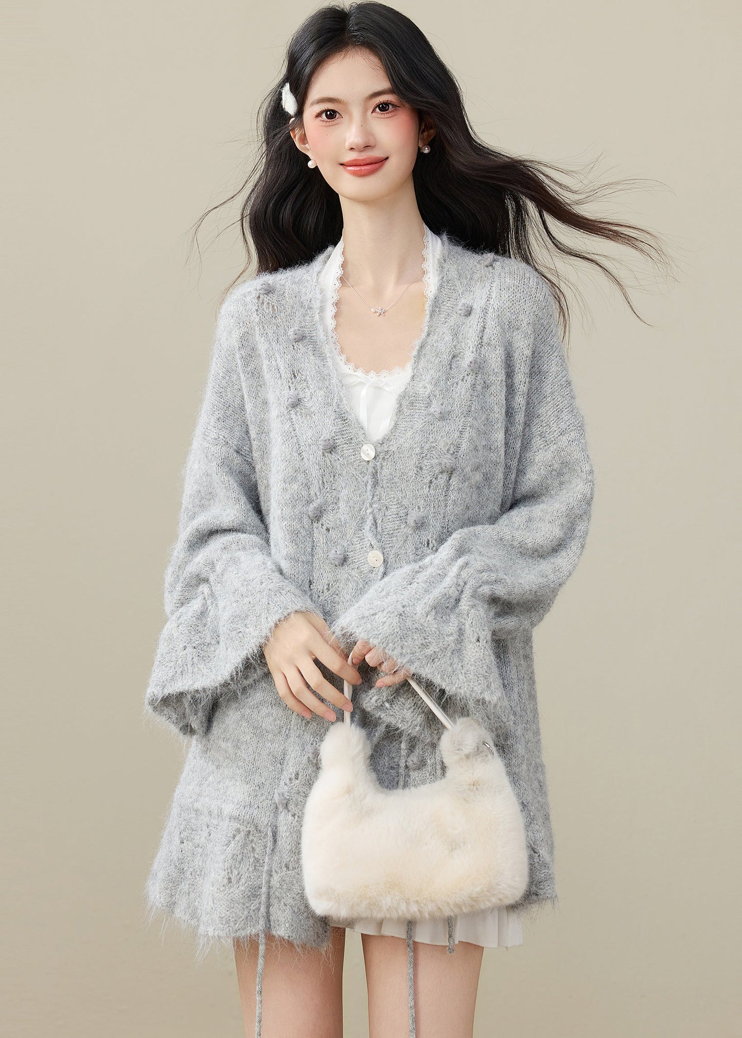 Fashion Grey Fuzzy Ball Decorated Drawstring Knit Cardigan Spring