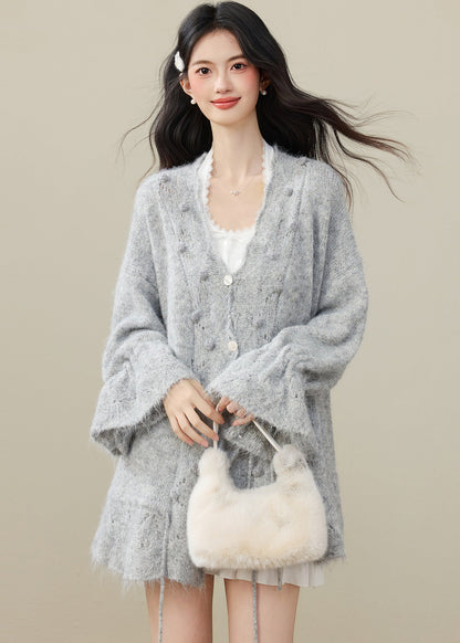Fashion Grey Fuzzy Ball Decorated Drawstring Knit Cardigan Spring