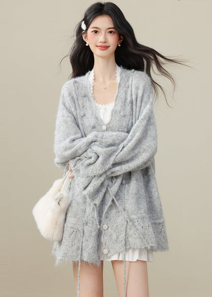 Fashion Grey Fuzzy Ball Decorated Drawstring Knit Cardigan Spring