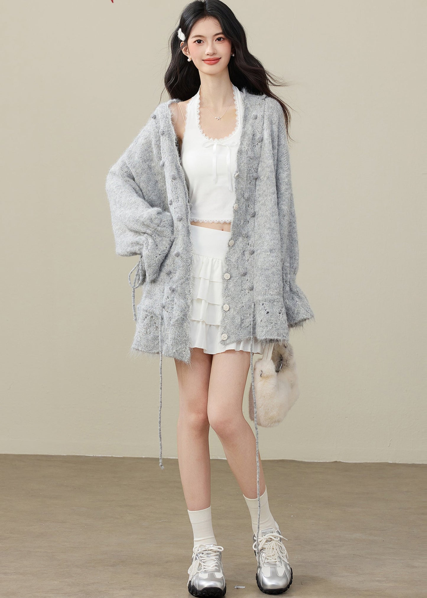 Fashion Grey Fuzzy Ball Decorated Drawstring Knit Cardigan Spring