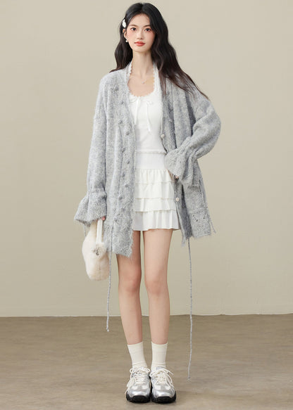 Fashion Grey Fuzzy Ball Decorated Drawstring Knit Cardigan Spring