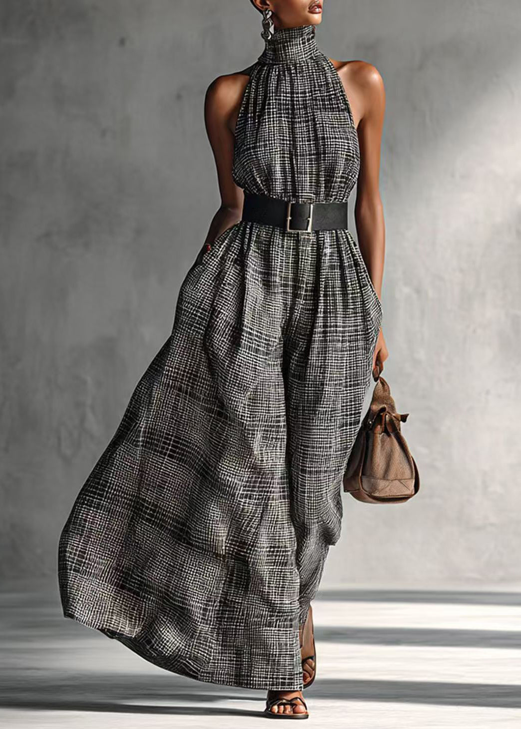 Fashion Grey High Collar Plaid Cotton Tunic Dresses Sleeveless