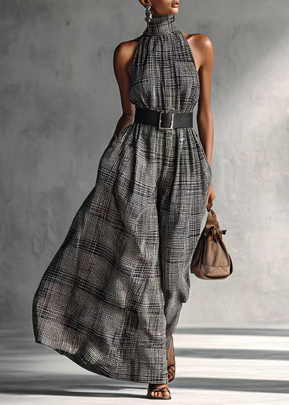 Fashion Grey High Collar Plaid Cotton Tunic Dresses Sleeveless