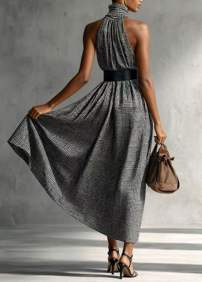 Fashion Grey High Collar Plaid Cotton Tunic Dresses Sleeveless