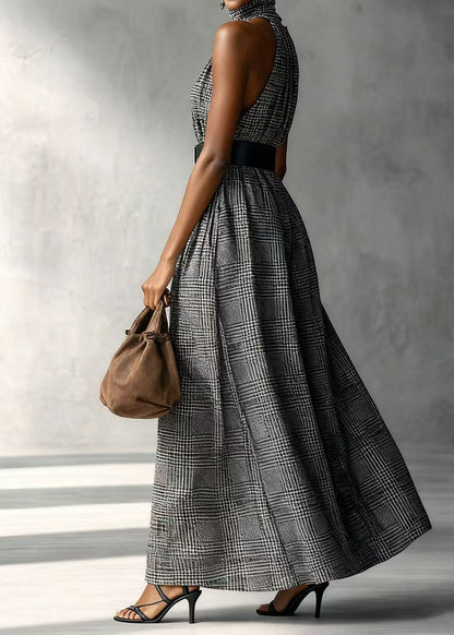 Fashion Grey High Collar Plaid Cotton Tunic Dresses Sleeveless