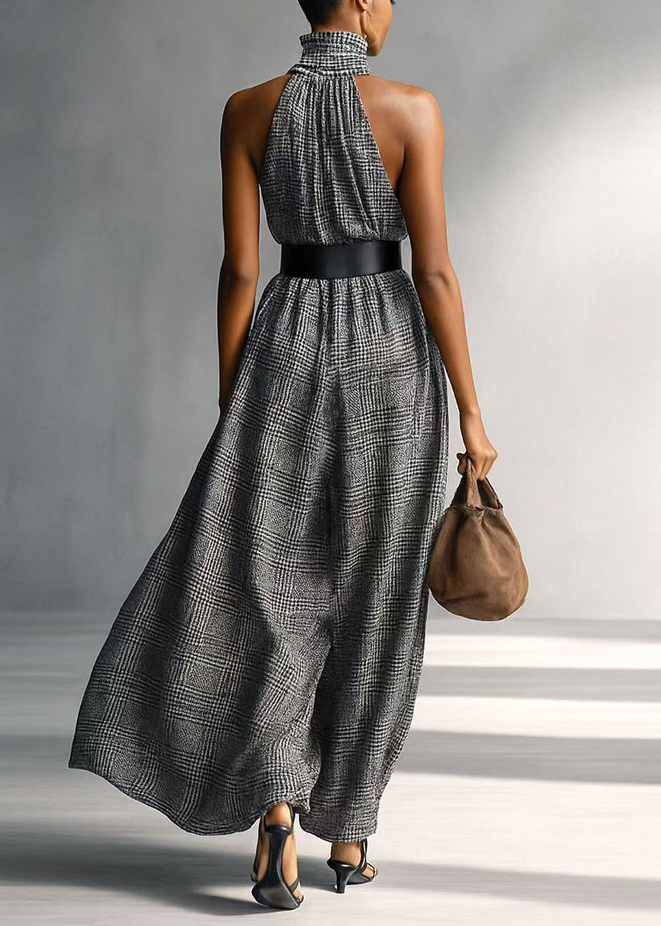 Fashion Grey High Collar Plaid Cotton Tunic Dresses Sleeveless