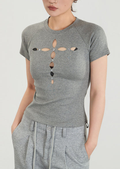 Fashion Grey Hollow Out Silm Fit Cotton Shirts Fall