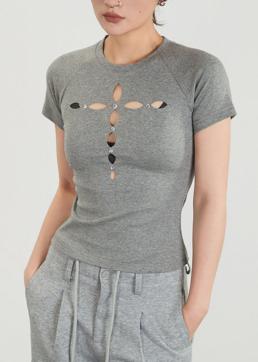 Fashion Grey Hollow Out Silm Fit Cotton Shirts Fall