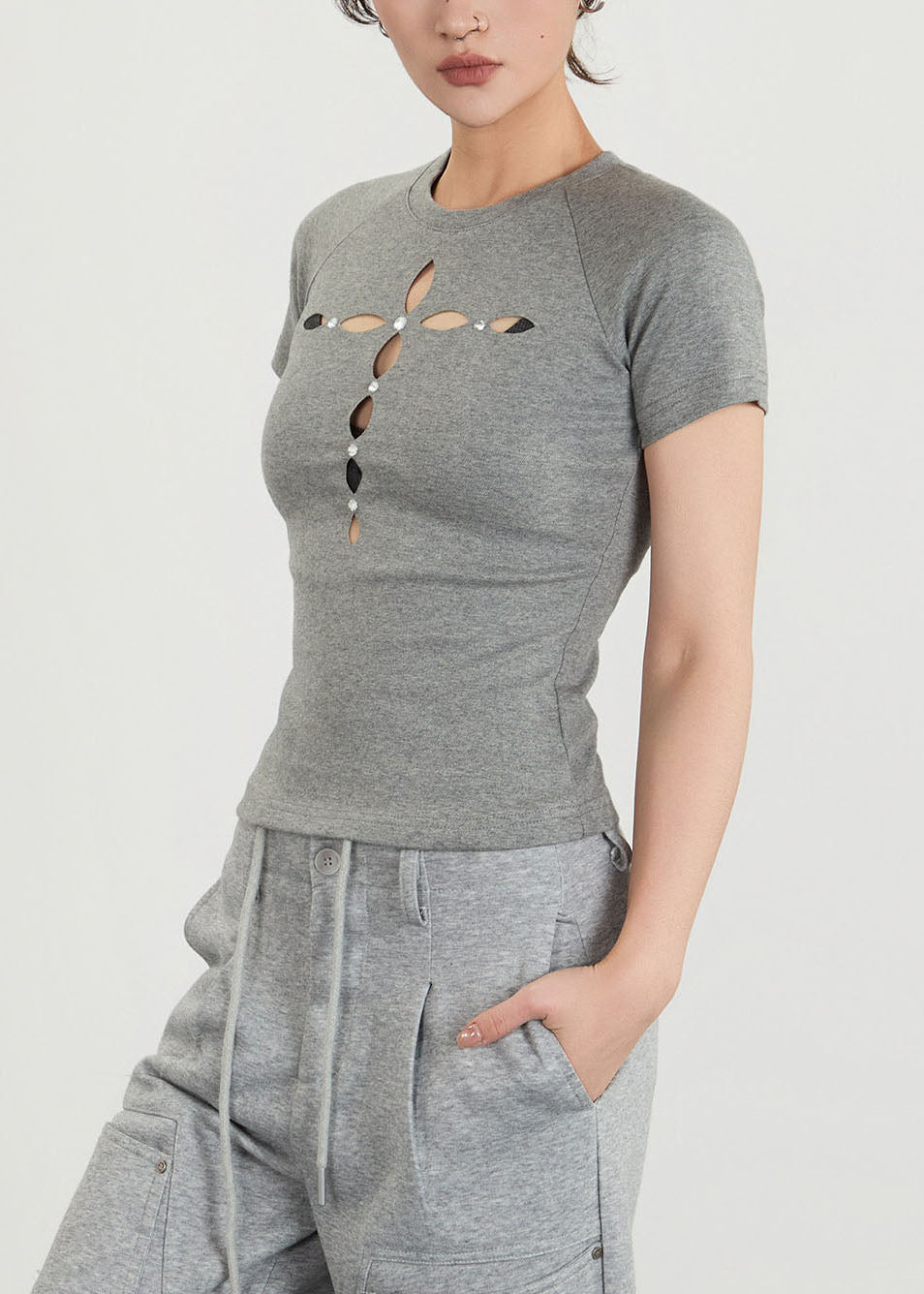 Fashion Grey Hollow Out Silm Fit Cotton Shirts Fall