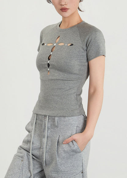 Fashion Grey Hollow Out Silm Fit Cotton Shirts Fall