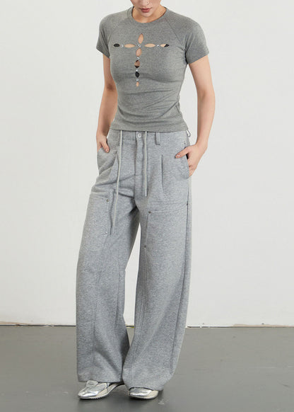 Fashion Grey Hollow Out Silm Fit Cotton Shirts Fall