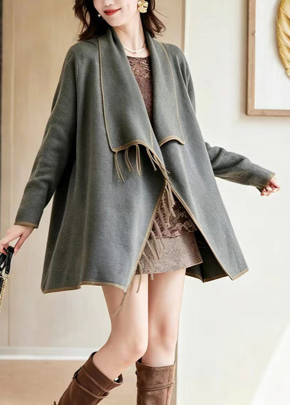 Fashion Grey Midi Length Tassel Knit Cardigan Fall