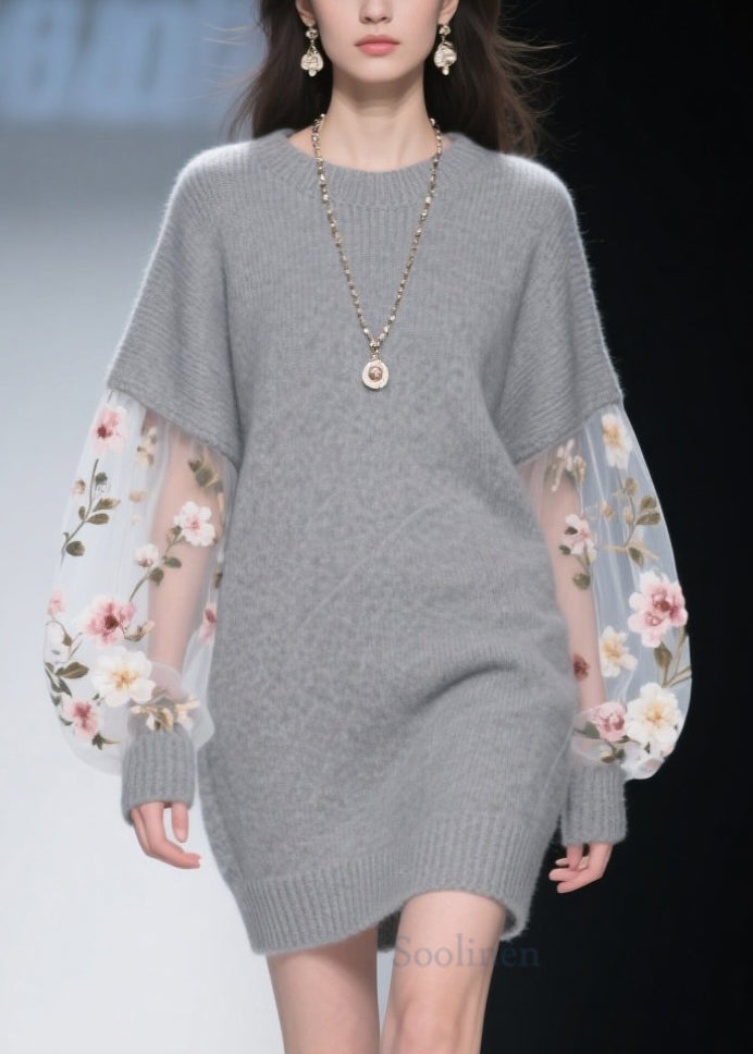 Fashion Grey O Neck Tulle Floral Patchwork Knit Dress Winter