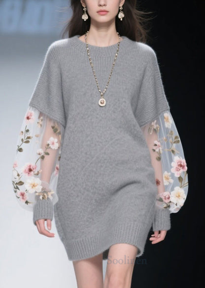 Fashion Grey O Neck Tulle Floral Patchwork Knit Dress Winter