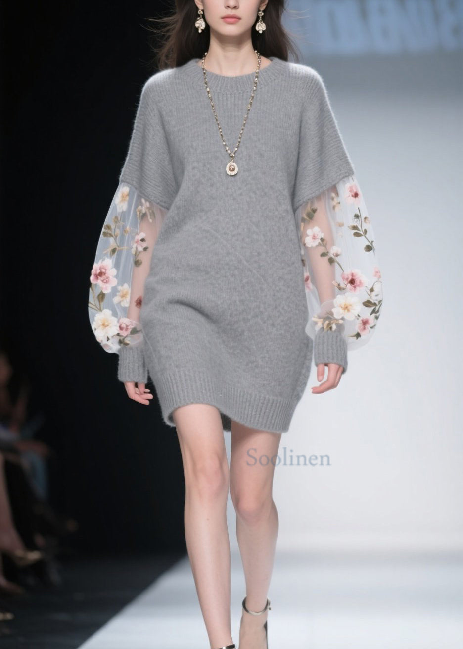 Fashion Grey O Neck Tulle Floral Patchwork Knit Dress Winter