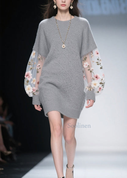 Fashion Grey O Neck Tulle Floral Patchwork Knit Dress Winter