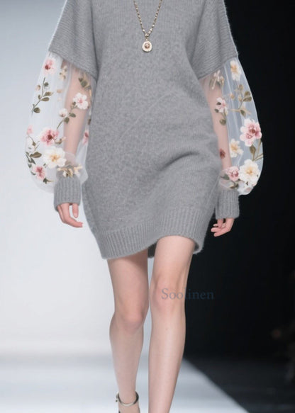 Fashion Grey O Neck Tulle Floral Patchwork Knit Dress Winter