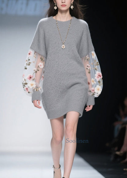 Fashion Grey O Neck Tulle Floral Patchwork Knit Dress Winter