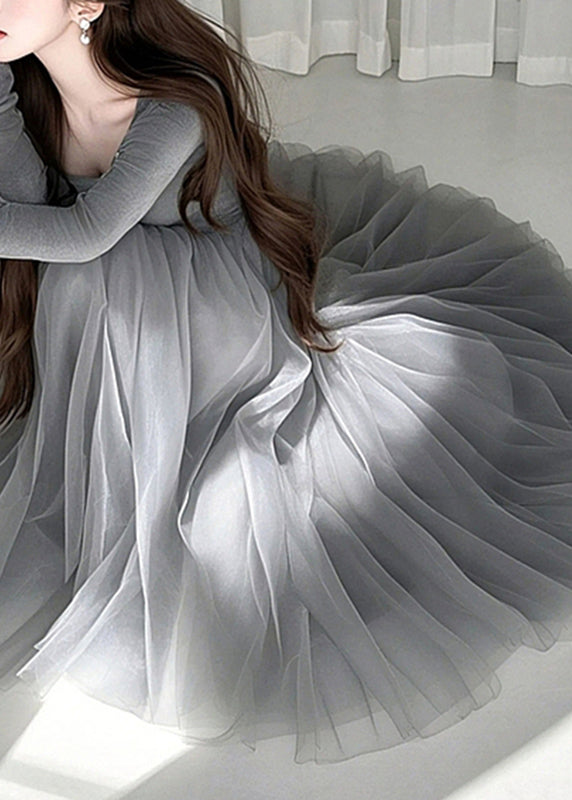 Fashion Grey O-Neck Tulle Maxi Dress Spring