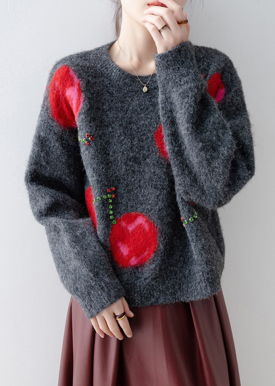 Fashion Grey O Neck Zircon Knit Sweaters Spring