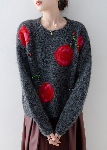 Fashion Grey O Neck Zircon Knit Sweaters Spring