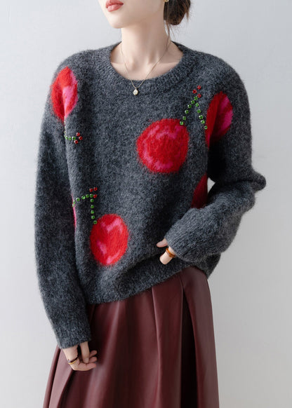 Fashion Grey O Neck Zircon Knit Sweaters Spring