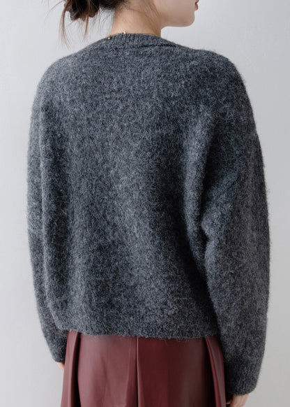 Fashion Grey O Neck Zircon Knit Sweaters Spring